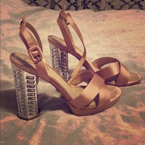 Topshop Pink Satin Platform Heels with Silver Studded Block Heel